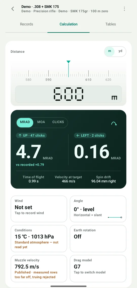 DOPE solver screen: 600 m solves to UP 4.7 MRAD, LEFT 0.16 MRAD