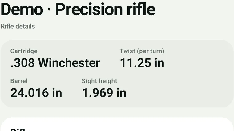 Equipment set detail: calibre, twist rate, barrel length and scope height