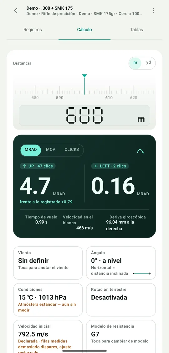 Pantalla de cálculo DOPE: a 600 m, UP 4,7 MRAD y LEFT 0,16 MRAD
