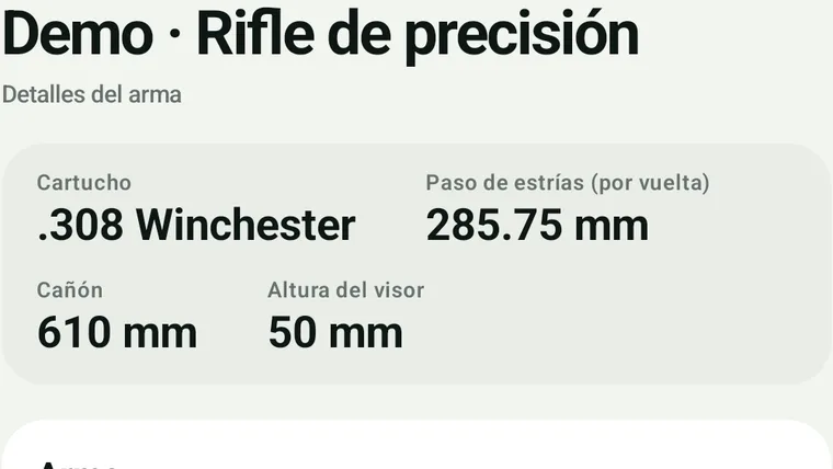 Detalle de un conjunto de equipo: calibre, paso de estría, longitud del cañón y altura del visor