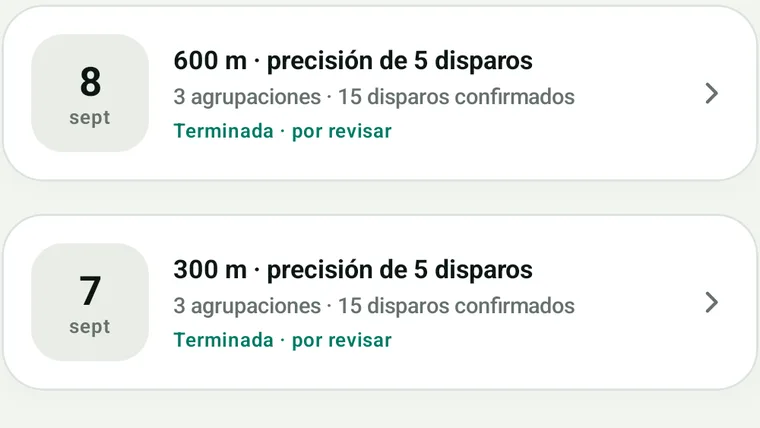 Resumen del registro de entrenamiento: número de grupos y disparos confirmados