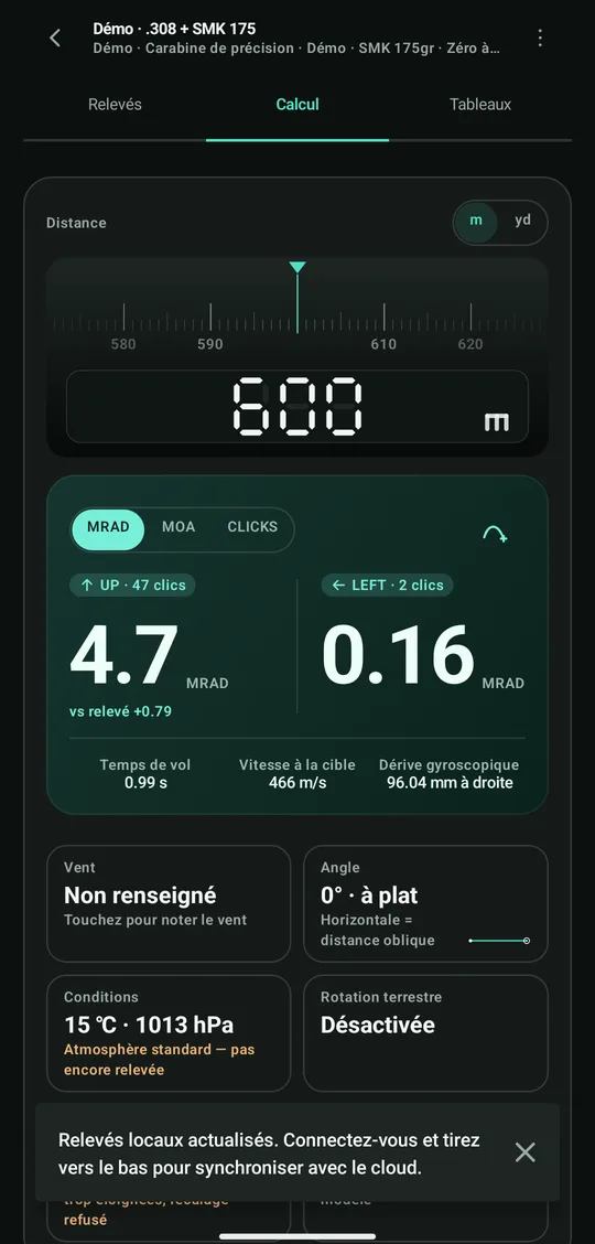 Mode stand : la page de calcul DOPE sur fond sombre