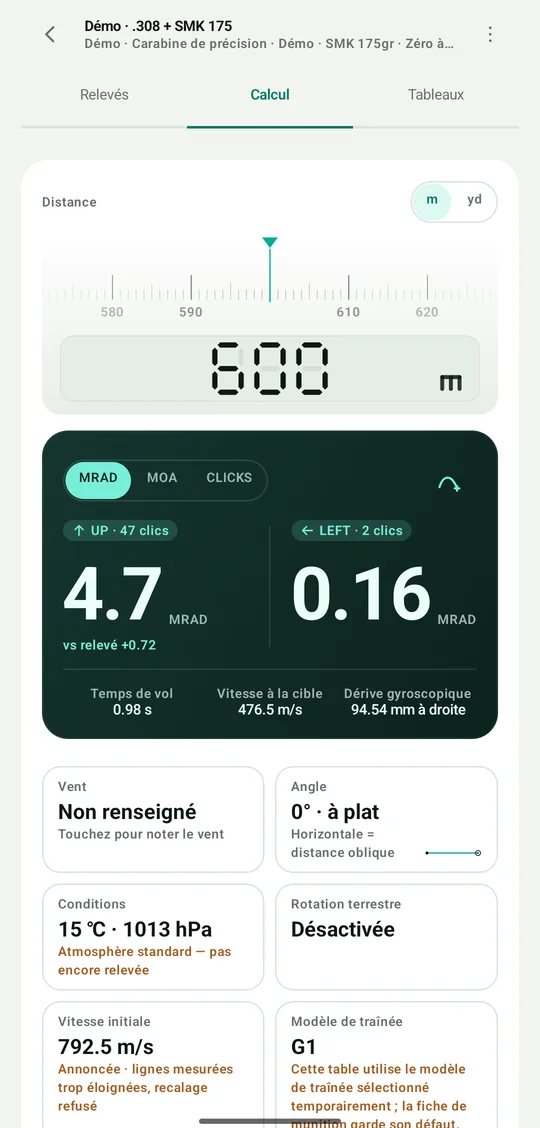 Écran de calcul DOPE : à 600 m, UP 4,7 MRAD et LEFT 0,16 MRAD