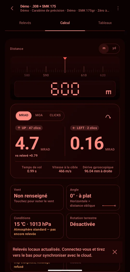 Mode nuit : la page de calcul DOPE en teinte rouge unique