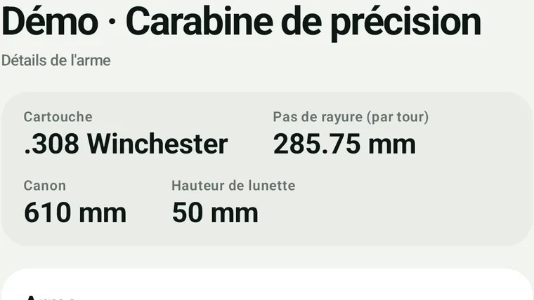 Détail d’un ensemble de matériel : calibre, pas de rayure, longueur de canon et hauteur de lunette